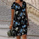 Suvemood V-kaelusega kleit Naiste l&uuml;hikeste varrukatega lihtne lilledega tr&uuml;kitud kleit Vabaaja kleit naistele XS sinine