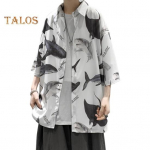 Suvine meeste s&auml;rk L&uuml;hikeste varrukatega Shark Print &Uuml;herealised n&ouml;&ouml;bid Lahtine kardigan &Otilde;huke alla keeratav krae T&auml;navar&otilde;ivad Keskmise pikkusega Puhkuse Rannatopp M valge