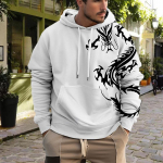 S&uuml;gisene uus 3D mustvalge m&uuml;stiline draakonitr&uuml;kiga meeste &otilde;huke kapuuts vabaaja, mugav 3D digitaalprintimisega meeste kapuuts 6XL