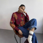 S&uuml;gis- ja talve &uuml;marakaelusega kampsun lillelise koega, lahtised pehmed kudumid naistele S veinipunane v&auml;rv