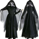 Naiste Halloweeni n&otilde;iddeemoni vampiiri vormikomplekt, must pikk kleit, kapuutsiga keeb, kinnastega peokost&uuml;&uuml;m XL gray