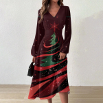 Naiste s&uuml;gis- ja talvine vabaajamoodne V-kaelusega pikkade varrukatega pikk kleit L veini