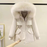 S&uuml;gistalvine naiste Parka mood pikk mantel kapuutsiga parkad &otilde;huke karusnahast krae jakk, soe lumi, polsterdatud riided M valge