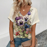 Naiste V-kaelusega T-s&auml;rk Retro lillemustriga tr&uuml;kkimine T-s&auml;rk Suvine Vaba aeg Naiste mood Populaarne l&uuml;hikeste varrukatega T-s&auml;rk S