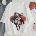Demon Slayer Print T shirt Women Harajuku Aesthetic White Tops Tee Tshirt Japan Anime Ullzang Female TShirt summer black t-shirt S