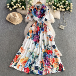 Suvine Vintage Disainerprindiga Moelava Kleit Naised L&uuml;hikeste Varrukatega Bleiserkraega Pikk Maxi Puhkuse Kleit XXL valge