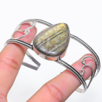 Natural Labradorite Gemstone 925 Sterling Silver Cuff Bangle Adjustable q6b68