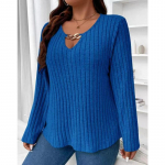 Naiste moesuuruses vabaaja s&uuml;gistalv &uuml;hev&auml;rviline printimine pikkade varrukatega V-kaelusega pulloverid ja pikad varrukad XXXXXL sinine