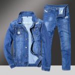 Kevad S&uuml;gis Meeste Denim &Uuml;likond L&otilde;tv Korea Trendikas Kaheosaline Mitmek&uuml;lgne &Uuml;ler&otilde;ivas Vabaaja Jakk Denim Komplektid XS sinine