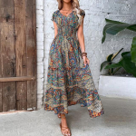 Naiste Vintage Print Maxi kleidid Suvised vabaaja V kaelusega l&uuml;hikeste varrukatega elastne v&ouml;&ouml;koha kleit Naiste Boho Beach Big Swing pikad kleidid XL lilla