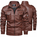 Nahk Bomber jakk Meeste Mood Mantli Seis Kaelus T&otilde;mblukuga Taskud Jakid Slim Fit jope mantlid XL pruun