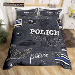 Politseiauto Tekikott Komplekt Poistele Multikad Autod Voodipesu Komplektid T&auml;issuurus, Kiirabi S&otilde;idukid Tekikott Komplekt Sinine Hall EU single(135x200cm) black