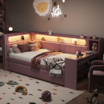 Polsterdatud 90x200 p&auml;evavoodi USB-portide ja LED-ribaga, v&auml;ljat&otilde;mmatava voodi ja kirjutuslauaga, roosa 237 x 103.5 x 93.5 cm roosa