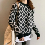 Naiste Argyle'i sviiter, pikkade varrukatega vintage naiste pullover, s&uuml;gistalv Korea džemprid, vabad vabaaja trikotaažitopid One Size must