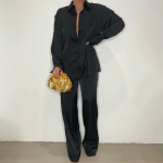 Naiste vabaaja lahtine satiinpluus Naiste komplektid Elegantsed pikkade varrukatega kaheosalised r&otilde;ivad Naiste s&auml;rk Sirged p&uuml;ksid, kost&uuml;&uuml;m, naiste topid L must