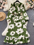 Moodne lilletr&uuml;kk naiste kleit, s&uuml;gisene elegantne vintage sidemega pikk maksikleit, volangidega &auml;&auml;ris, peovestid One Size armee roheline v&auml;rv
