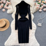 Elegantne Rhinestone &otilde;lgadeta pikkade varrukatega kootud Bodycon pliiatskleit &otilde;huke p&otilde;himoodne kampsun Vestido seksikas talveriietus One Size roosa punane v&auml;rv