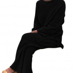 2 tk/komplekt Naiste kampsunp&uuml;kste komplekt kootud veniv &uuml;mmargune kaelus lahti lai jalg elastne v&ouml;&ouml;koht paks pehme soe koduriided magamisriided lady talv s&uuml;gis L kaamel