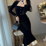 Vintage Bodycon Velvet Merineitsi peokleidid Naistele Elegantsed pitsist lapit&ouml;&ouml;d &Otilde;htuball Vestidos Naiste s&uuml;gistalveriided S must
