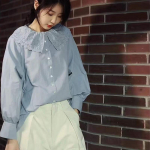 Johnature Vintage puuvillane &uuml;hev&auml;rviline Peter Pan krae lahtised s&auml;rgid Naiste kevad uus n&ouml;&ouml;biga naiste pluusid One Size helesinine v&auml;rv