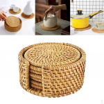 Rattan Hand Woven Round Placemat Drink Coasters Kit Cup Place Mat, inlcuding Coaster Holder Basket 8cm