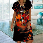 Suvine moodne V-kaelusega naiste kleit l&uuml;hikeste varrukatega oranž lilleline mereliblikaga tr&uuml;kitud kleit, vaba vabaaja kleit naistele XS sinine