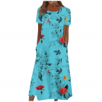 Naiste suvine vabaajamoe lillemustriga l&uuml;hikeste varrukatega kaelusega taskukleit L sinine