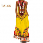 Suvine Maxi Kleit Avatud &Otilde;lgadega Varrukateta A-l&otilde;ikeline Retro V&auml;rviline Etnilise Stiili Prindiga V-kaelusega K&uuml;lgmiste Taskutega T&auml;ispikk Pikk Kleit M kollane