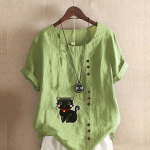 Naiste mood, &uuml;mara kaelusega l&uuml;hikeste varrukatega T-s&auml;rk vabaaja puuvillane linane graafiline s&auml;rk vaba aja avaraks musta kassi prindiga suvepluusiga topsid S roosa