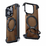 Luksuslik &uuml;mbris iPhone 16 15 14 Pro Max jaoks 360&deg; p&ouml;&ouml;rleva r&otilde;ngashoidjaga Magnetiline Magsafe hoidja P&auml;hklipuu puit Metallraam Kaitsekate For iPhone 14 Pro Max
