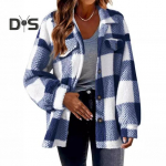 S&uuml;gistalvine naiste jakk v&otilde;ltsitud taskutega Kontrastv&auml;rviline ruuduline print Suures suuruses Alla keeratav krae &Uuml;herealine pikkade varrukatega kardigan pl&uuml;&uuml;sis mantel M roheline