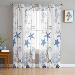 Mere tekstuuriga merikarbid T&auml;htkalad Merihobused L&auml;bipaistvad kardinad elutoa kaunistamiseks Aknakardin K&ouml;&ouml;gis T&uuml;ll Voile Kardinad W135 x H115cm x1&Rod Pocket
