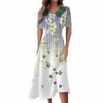 Naiste vabaajamood, lilleline (Leht) Prindiga V-kaelusega l&uuml;hikeste varrukatega v&ouml;&ouml;koht pikk swing kleit L armee roheline v&auml;rv