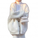 Naiste udune kardigan V-kaelusega n&ouml;&ouml;bitav &uuml;lem&otilde;&otilde;duline kohev mantel s&uuml;gis-talve vabaaja pikkade varrukatega lohvakas karvane kampsun helelilla v&auml;rv