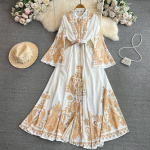 Women Palace Vintage Print Maxi Kleit Kevad-s&uuml;gisriided Avarad &uuml;herealised pikad &otilde;htukleidid One Size valge