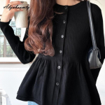 Korea Mood Kevad S&uuml;gis Naiste Ballikleit Kootud Mantel O Kaelusega Must Beež Pruun Kudumiskardigan Elegantne Naiselik Daamide &Uuml;leriided One Size must