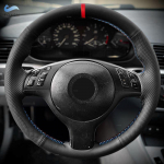 For BMW M Sport 3 5 Series E46 E39 M3 M5 Hand Braid Car Steering Wheel Cover Black Perforated Leather red blue line red