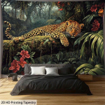 Leopardidžungli seinavaip, Metsik kass troopilises metsas punaste &otilde;itega, Eksootilise looma seinakunst magamistuppa elutuppa 130x150cm51x59in