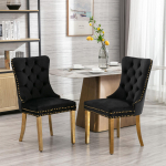 A&A Furniture, Nikki kollektsioon Tuftitud T&auml;ispuidust Sametine S&ouml;&ouml;gilaud Tool, Kuldse Kattega Jalad, Neetide Kaunistus, Komplekt 2 tk, Must ja Kuldne, DE1601BK 65 x 50 x 95 cm must