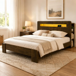 Puidust voodiraam hoiuruumiga peatsis, LED-valgustus, integreeritud pistikupesad, kaasaegne platvormvoodi vintage-puidus 140 x 200 cm 218 x 141 x 107 cm looduslik