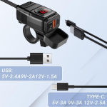 Mootorratta USB 12V laadija juhtraua k&uuml;lge punane LED QC3.0 + USB-C