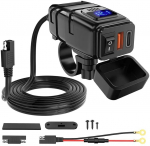 Mootorratta USB 12V laadija juhtraua k&uuml;lge QC3.0 + USB-C sinine LED