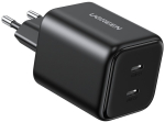 Wall Fast Charger GaN 45W 2xUSB-C QC PD3.0, Black