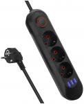 Maclean MCE394 B power strip, extension cord 3 sockets + 3xUSB, 110-240V AC 50/60Hz, 2.1A max 2500W, 1.5m, black