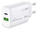 MediaRange Ladeger&auml;t 25W 2-Port 1x USB-A1x USB-C GaN, wei&szlig;