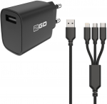 2GO Ladeger&auml;t 15W inkl. Kabel 1xUSB-A 1xMicroUSB 1xLightn sw