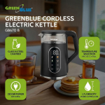 GreenBlue Cordless Electric Kettle, 1.7 L capacity, glass water tank, easy-to-read display, temperature selection, 2200