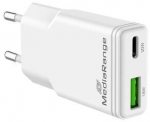 MediaRange 30W 2-port charger 1x USB-A 1x USB-C GaN, white