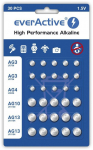 Mini alkaline battery Set everActive 10 x G3 / LR41, 5 x G4 / LR626, 5 x G10 / LR1130, 10 x G13 / LR1154