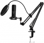 LORGAR Voicer 931, Gaming Microphone, Black, USB condenser microphone with desktop boom arm, pop filter, tripod stand, i